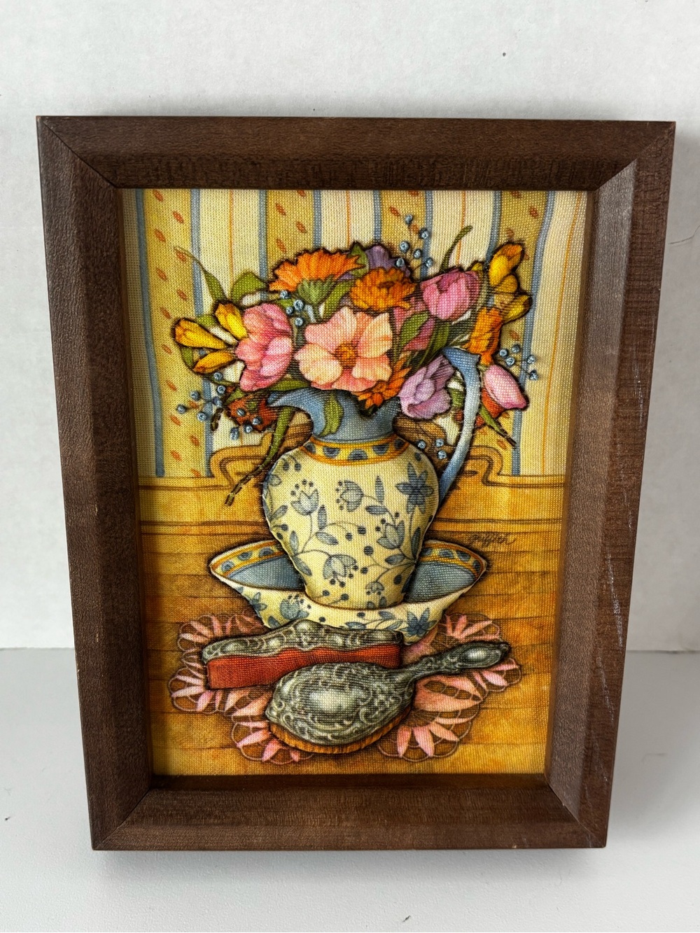 Vintage Framed Floral Pitcher and Comb Puffy Fabric Needlepoint Art 8”